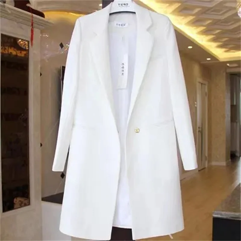 Korean Women Blazer Solid Casual Long Coat Loose Wide Shoulder Ovecoat One Button Office Lady Top Woman Jacket Spring Autumn