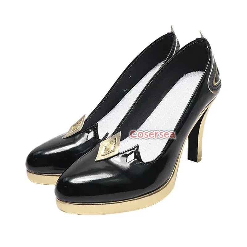 Cosersea Lingsha تأثيري أحذية لعبة Honkai: ستار السكك الحديدية Lingsha عالية الكعب أحذية النساء هالوين الأسود بولي Leather الجلود كوس أحذية نسائية