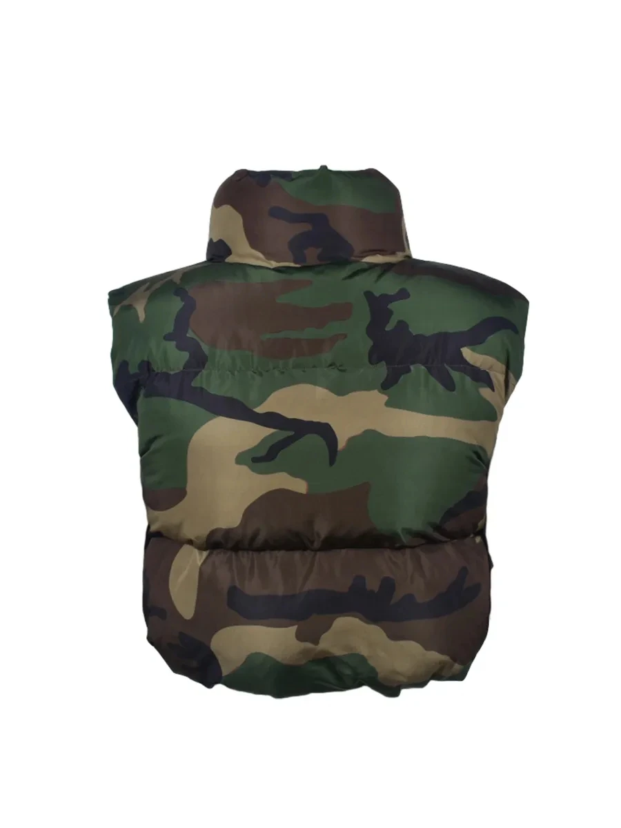 Jaquetas de camuflagem estampadas para mulheres, colete quente sem mangas, casacos bonitos com bolhas, parkas, gola, zíper outwear acolchoado