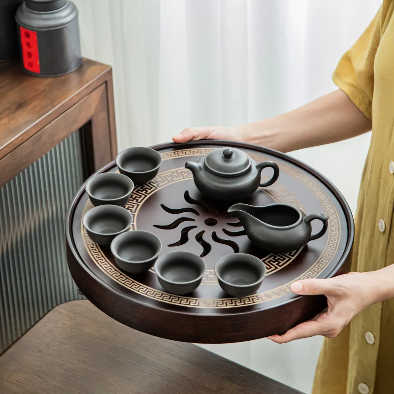 round Bamboo Tea Tray with Chinese Sunflower Water Storage Saucer Gongfu Tea Set for Household Tea Table 700ml 1200ml 2000ml