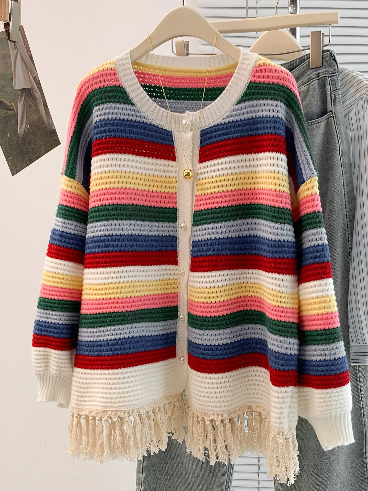 

Вязаный кардиган Dopne с радужными полосками, женский, осенне-зимний, больших размеров, свободного кроя, с бахромой, удобный и уютный