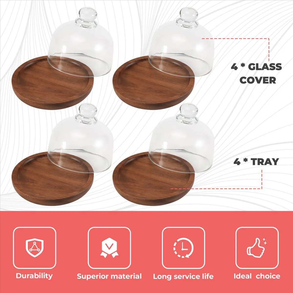 【abfs】multifunctional-dessert-serving-stand-cake-dish-with-dome-lid-platter-cake-plate-for-home-hotels-4pcs