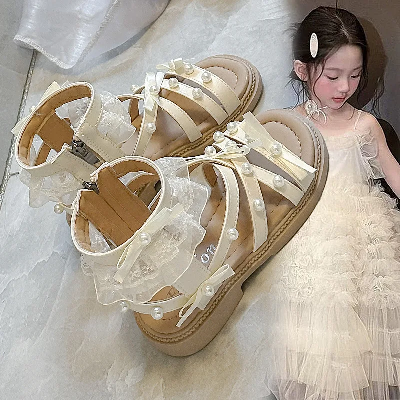 Kids Casual Shoes Sweet Lace Children Princess Shoes Open Toes Soft Sole 2026 Summer New Girls Roman Sandals Non-slip Versatile