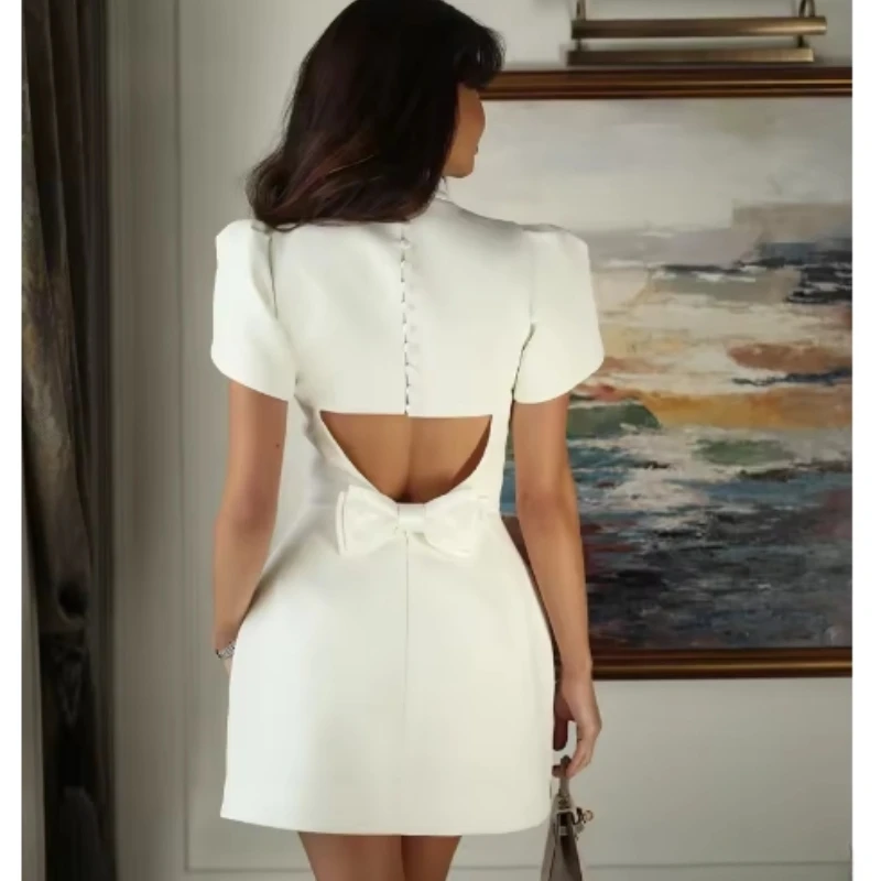 

Elegant White Bow Mini Skirt With Half-High Neck And Three-Dimensional Bow Back Hollow Short Dress Summer Party Women's Dress