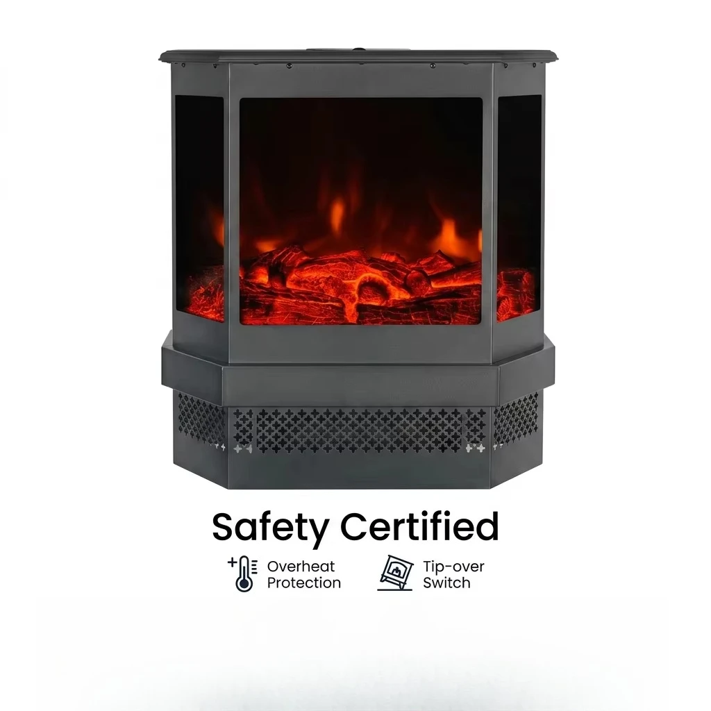 3-Sided View Metal Electric Fireplace Stove with Realistic Flame Effect Lighting Freestanding Heater for Indoor Home Decor