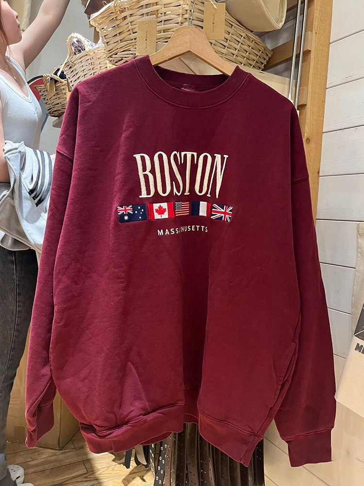 

Flag Embroidery Vintage Sweatshirts Autumn Warm Round Neck Cotton Loose Long Sleeve Women Y2k Streetwear Oversize Pullovers Top
