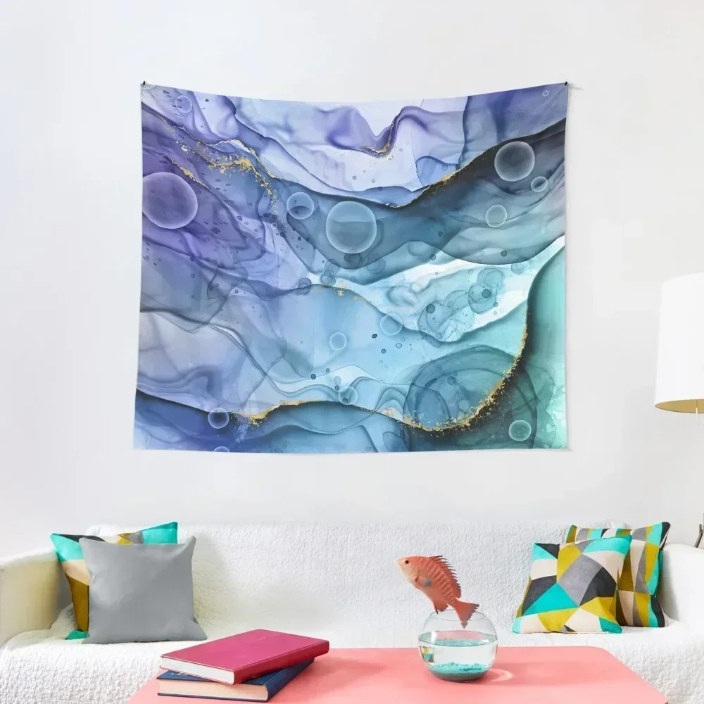 Mermaid Ink Splashes in Blue with Gold Detail Tapestry Decor For Room Outdoor Decoration House Decor Tapestry