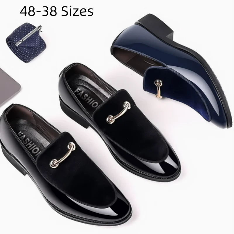 Men's Shiny & Flock Metal Chain Wedding Shoes Stylish British And American Style Black Blue Business Loafers Wide Fits Round Tip