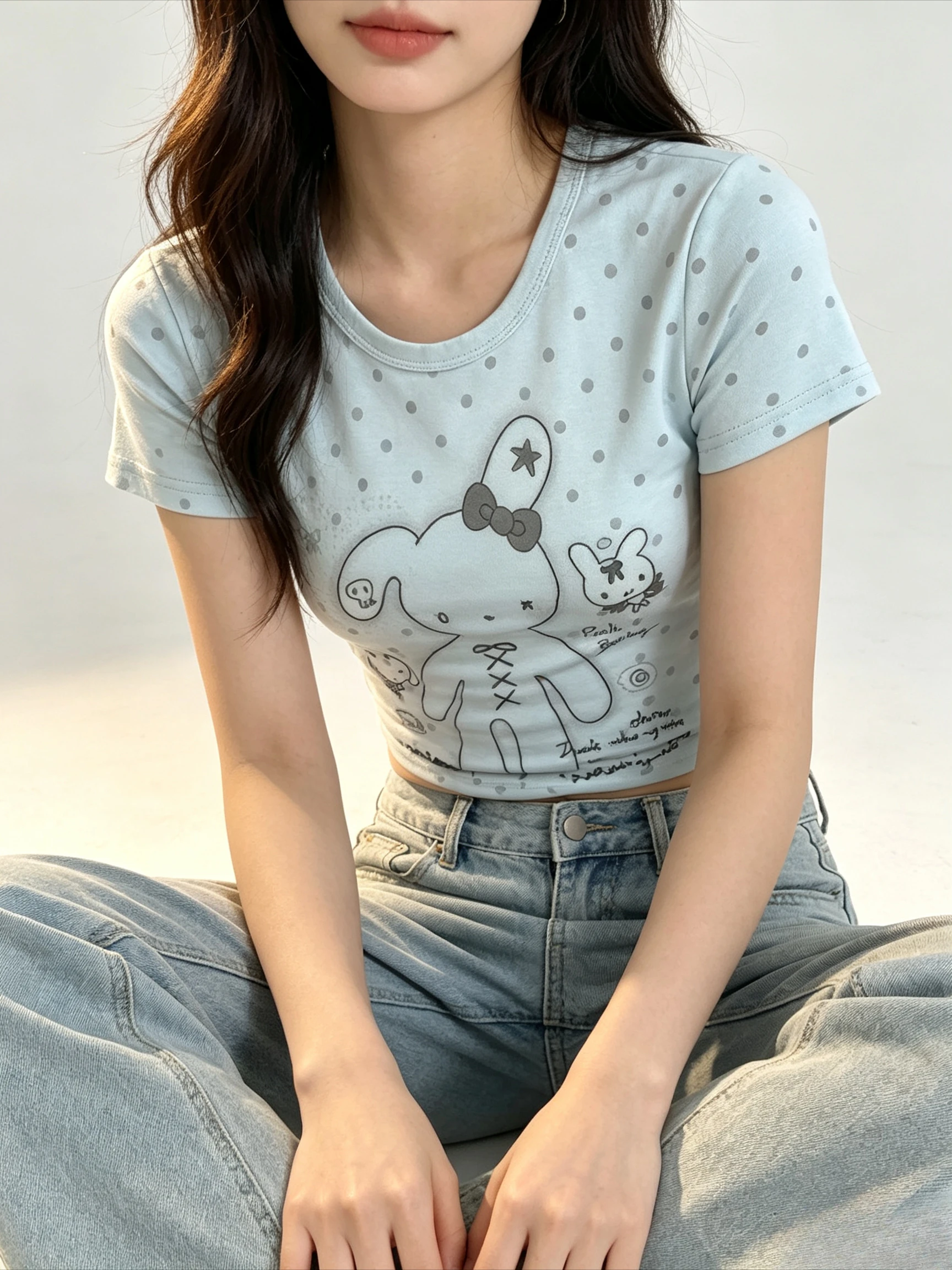 Polka Dot Short Sleeve T Shirt Cute Stitched Bunny Cartoon Print U Neck Slim Fit Soft Fabric Casual Dai Basic Tee Multiple Color