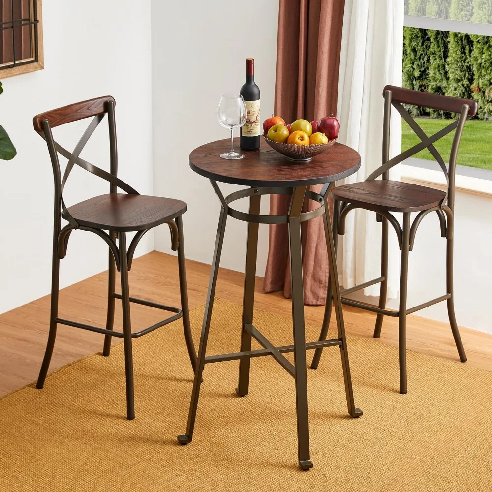 

3 Pieces Rustic Steel Round Bar Table and Bar Stools with High Backest Set Dining Table and Chairs Set