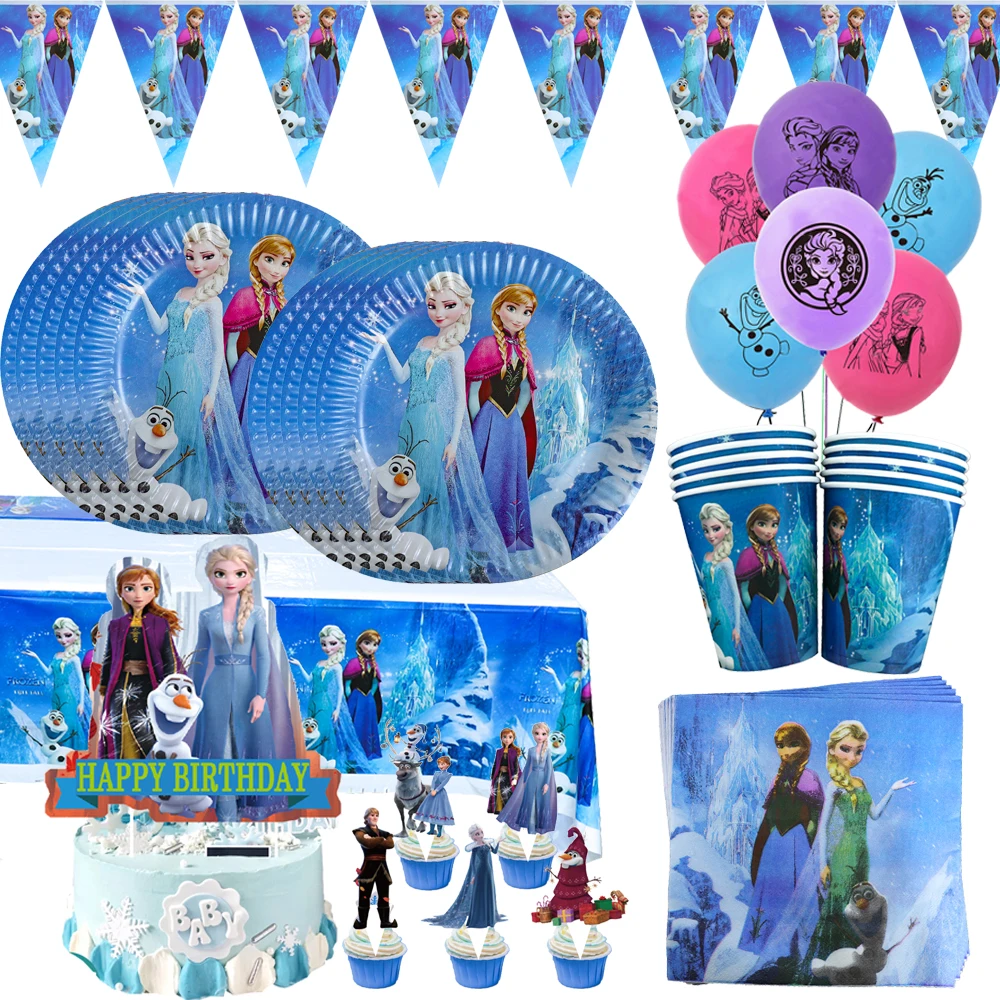 Disney Elsa Anna Frozen Queen Party Supplies Paper Cup Paper Plates Tablecloth Kids Girls Snow Queen Birthday Party Decor Sets