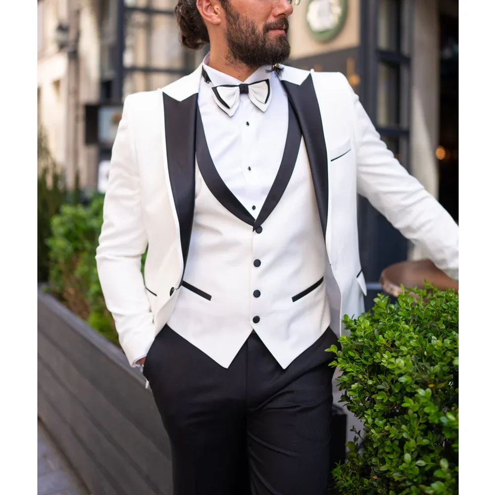 

Men Suits 3 Piece Chic One Button Peak Lapel Solid Male Suit Slim Elegant Groom Wedding Party Tuxedo (Blazer+Vest+Pants)