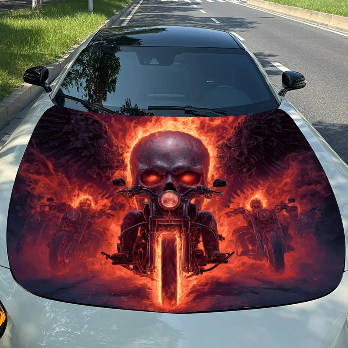 

Flame Skeleton Motorcycle Vinyl Wrap, PVC Waterproof Hood Vinyl Wraps Sticker, Self-Adhesive Scratch- Stickers For Engine Cover,