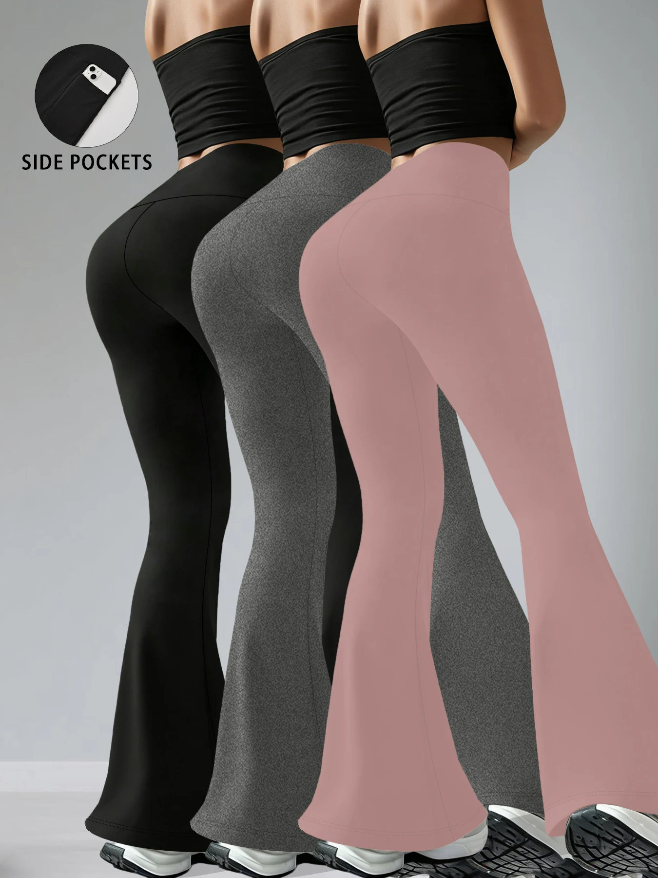 Lot de 3 pantalons évasés super doux pour femmes avec poches, leggings de yoga taille haute pour contrôle du ventre, bas de cloche