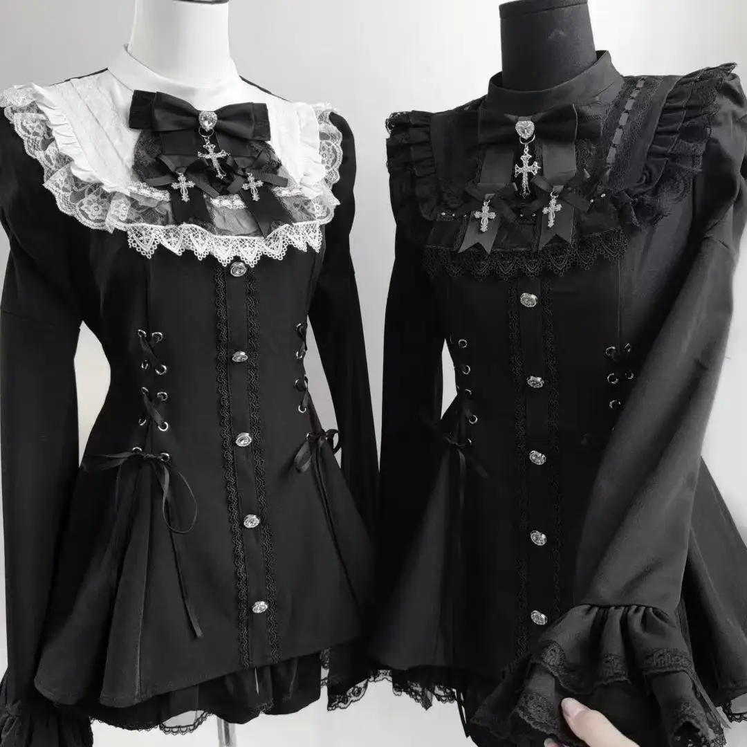 Y2k-vestido con lazo estilo Lolita para mujer, conjunto de pantalones cortos, encaje gótico, manga acampanada, camisa con botones, minivestido de fiesta Punk