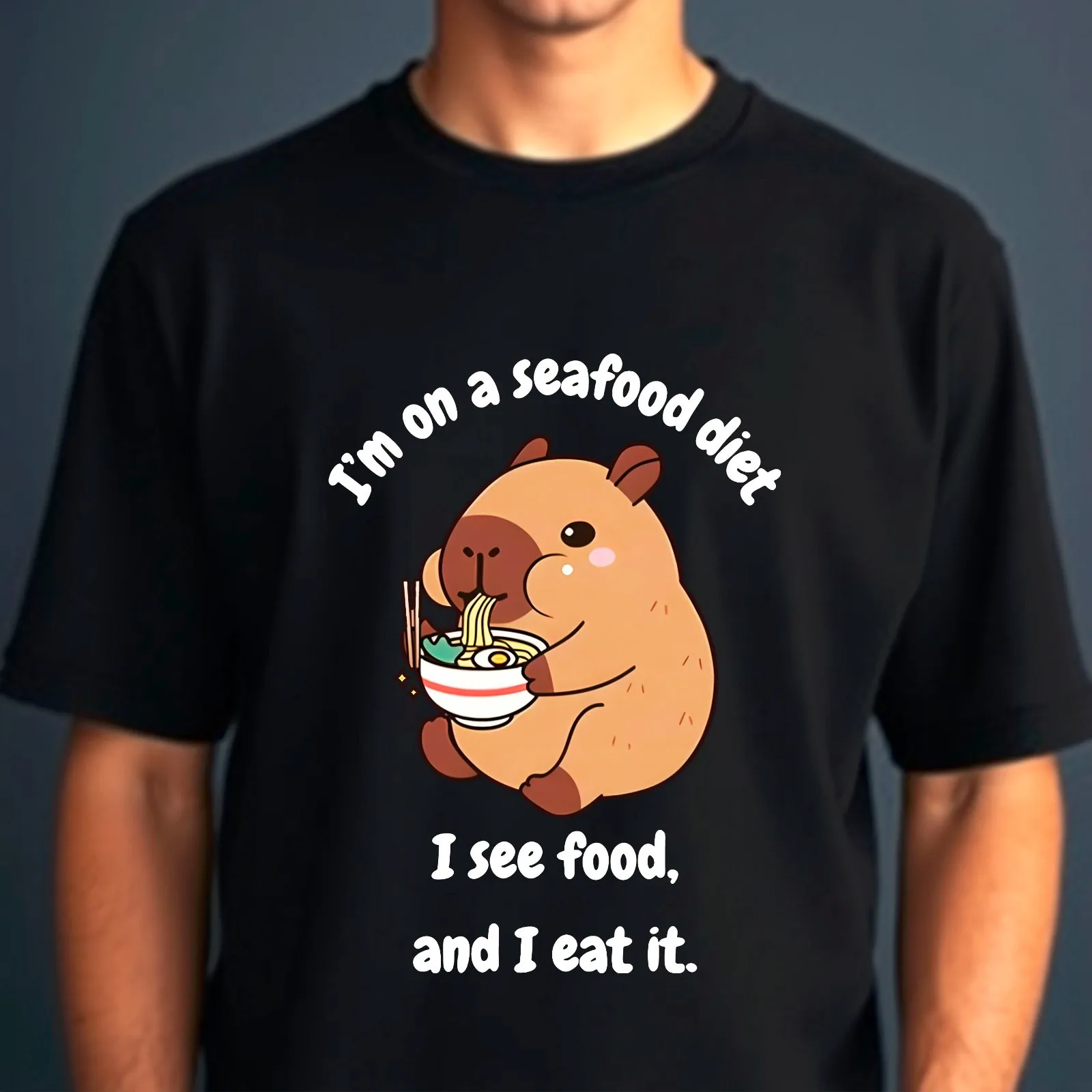 Camiseta con estampado gráfico divertido de capibara comiendo fideos, I'm On A Sea Food, regalo, camiseta