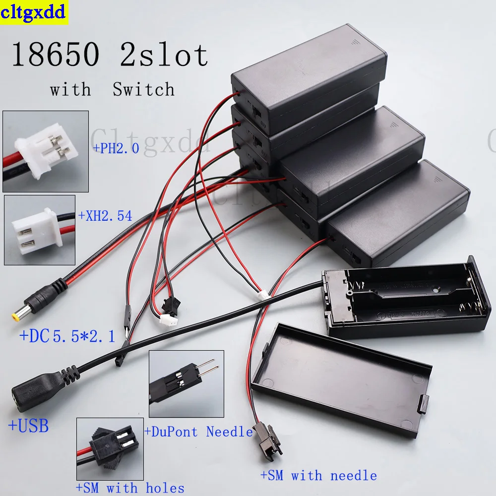 Cltgxdd 1 مجموعة 18650 2 فتحة مع غطاء التبديل خرطوشة البطارية PH2.0/XH2.54/USB/DC/SM/DuPont مع إبرة وحامل بطارية الكابل #1