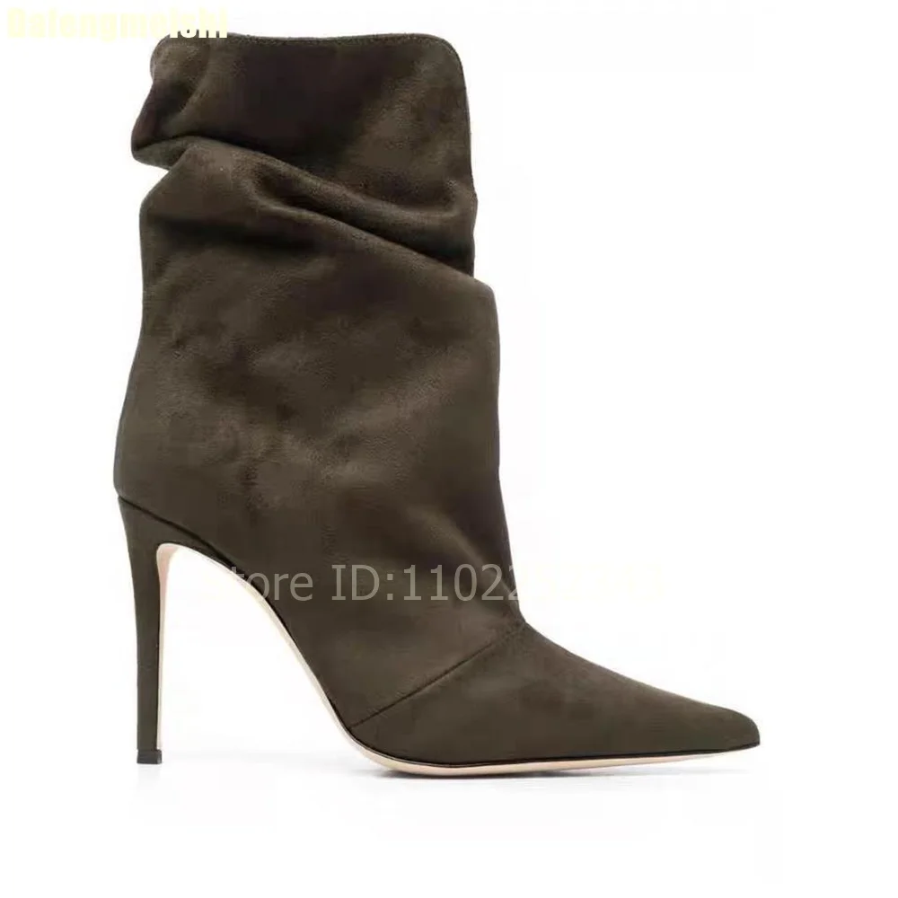 

2026 Winter Simple Pointed-Toe Stiletto Boots Slip-On Casual Coffee Brown Suede New Ankle Boots Women Classic Plus Size Boots