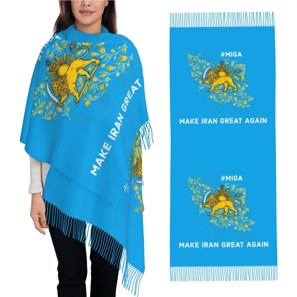 Lady Scarf Keep Warm Make Iran Great Again Persian Lion And Sun Shiro Khorshid Head Scarves with Long Tassel Shawl Wraps Bufanda