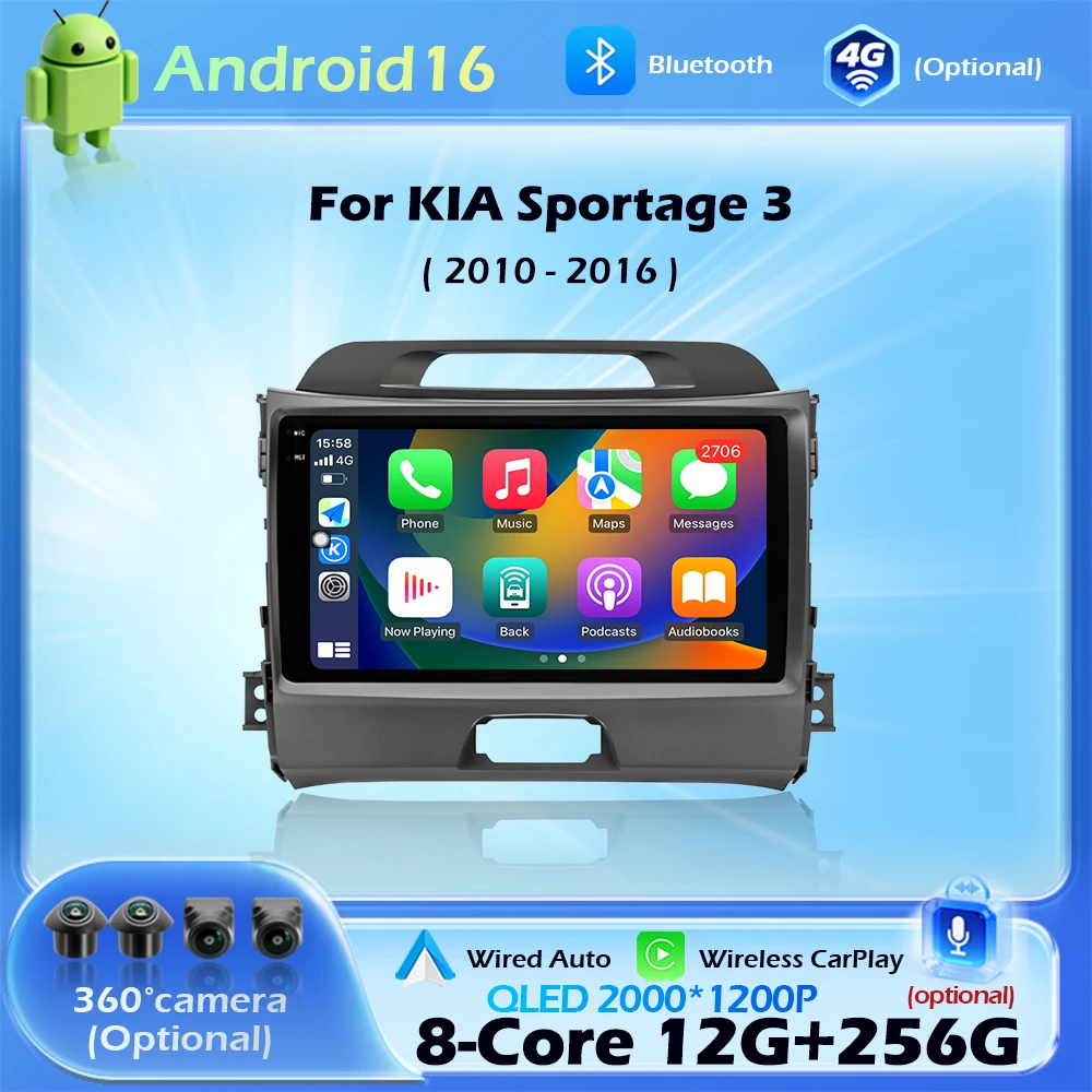 

QLED экран Android 16 для Kia Sportage 3 SL 2010-2016 Автомобильный радиоприемник Мультимедийный видеоплеер GPS Стерео CarPlay WIFI DSP Головное устройство