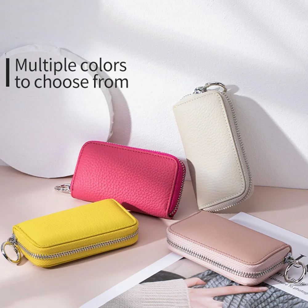 Multifunctional Keychain Pouch Zipper Closure Soft Leather Housekeepers Key Holder Durable Waterproof Car Key Organizer Men