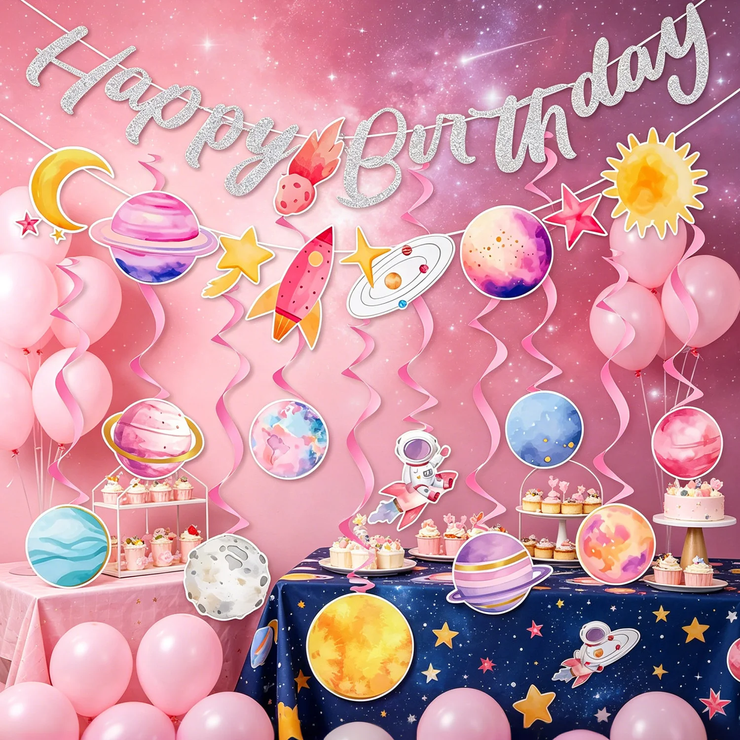 Pink Outer Space Birthday Banner Garland Planet Spaceship Astronaut Solar System Decoration for Girls Birthday Baby Shower Party