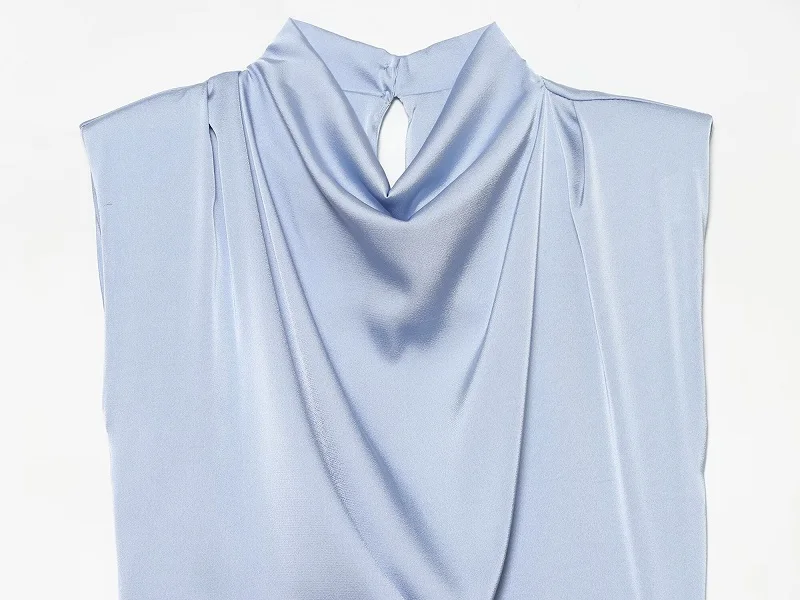MUJER 2026 Satin Ärmellose Tops für Damen Schleife Plissiertes Crop-Top Sommer Tanktop mit Schulterpolstern Strand Damen-Oberteile – Detail 4