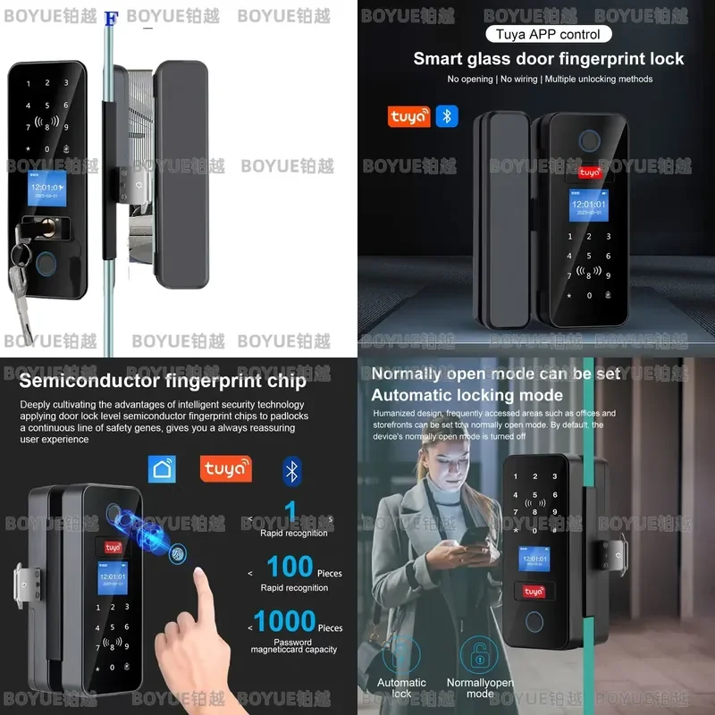 Tuya Smart Glass Door Lock Fingerprint Bluetooth LCD Screen Electronic Deadbolt IC RFID Remote Control Keyless Entry Security