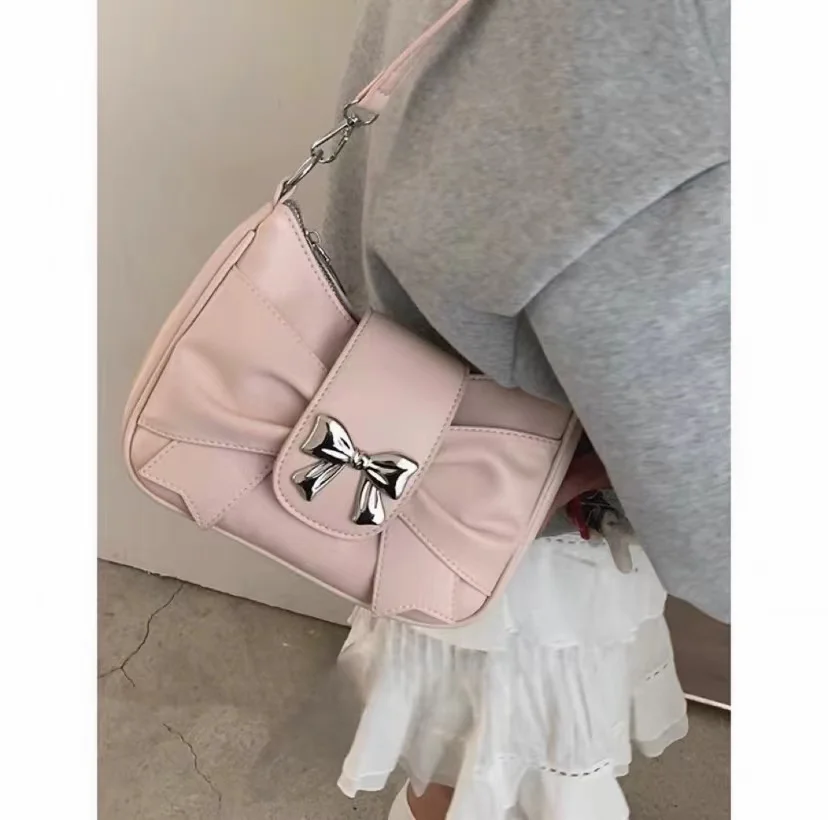 Bolso de hombro con lazo rosa para mujer, elegante bolso de mano de estilo universitario de moda coreana, plisado cuadrado, dulce bolso de axila de cuero informal