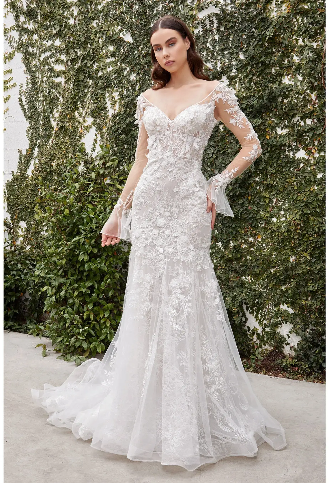 Abito da sposa a tromba in pizzo floreale bohemien abito da sposa a sirena a maniche lunghe scollo a v profondo scollo a v Sexy Country Boho Robe De Mariee