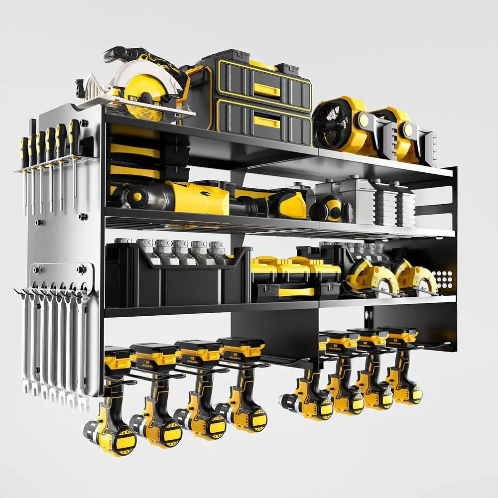 

Power Tool Organizer Wall Mount, 8 Drill Holder, 4 Layer Heavy Duty Metal Storage, Black, Utility Rack or Garage Workshop