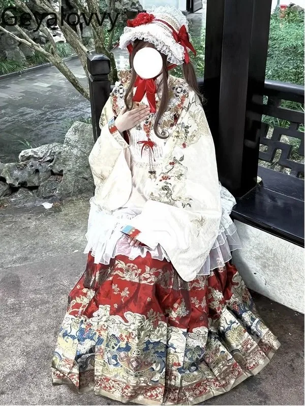 Trajes de estilo chino Otoño Invierno Arco diario Top rojo y falda larga estampada de cintura alta conjunto versátil de Lolita dulce para niñas