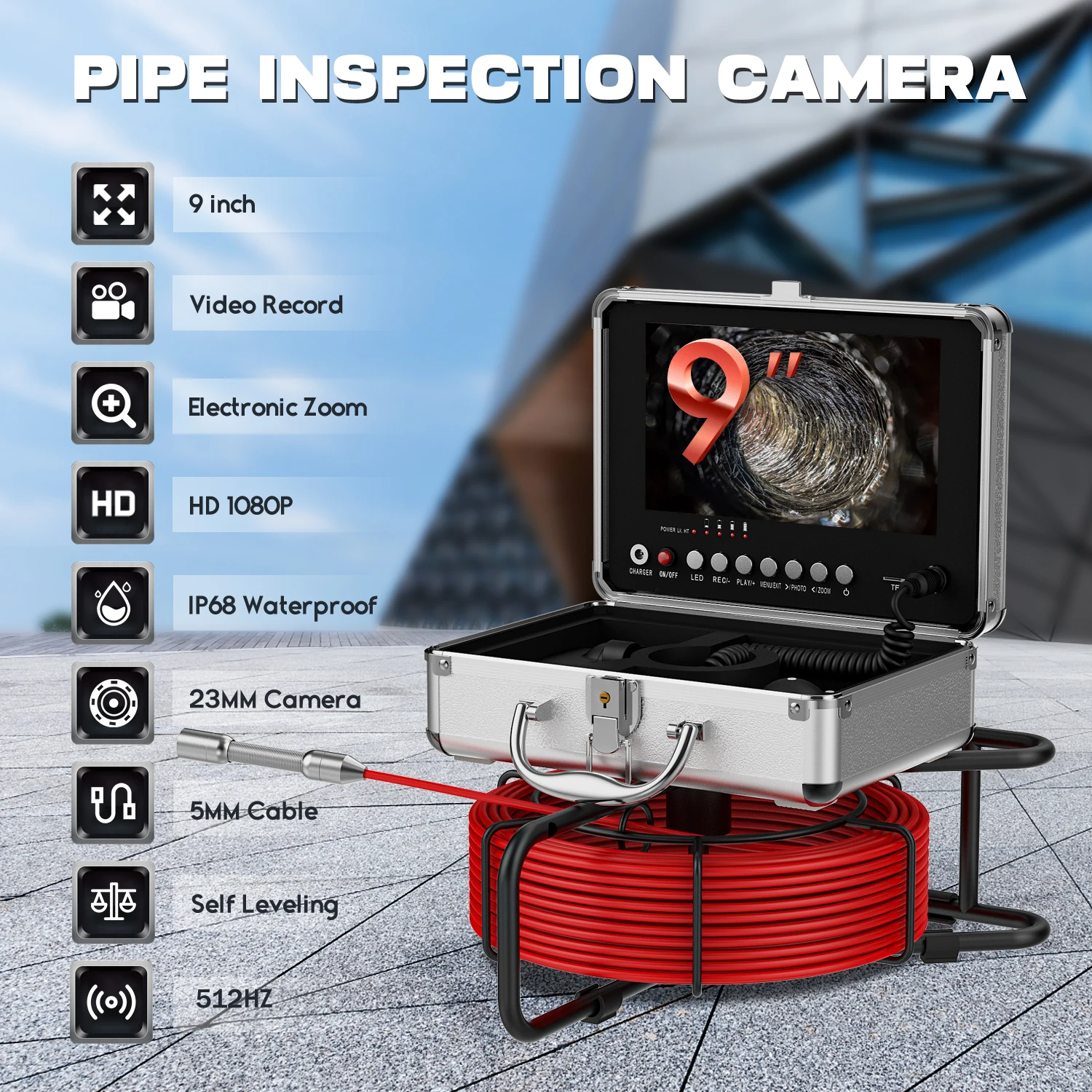 

Sewer Inspection Camera 9" Screen Tube Lens with 512HZ Pipe Locator Auto Self Leveling DVR Sewer Pipe Inspection Camera