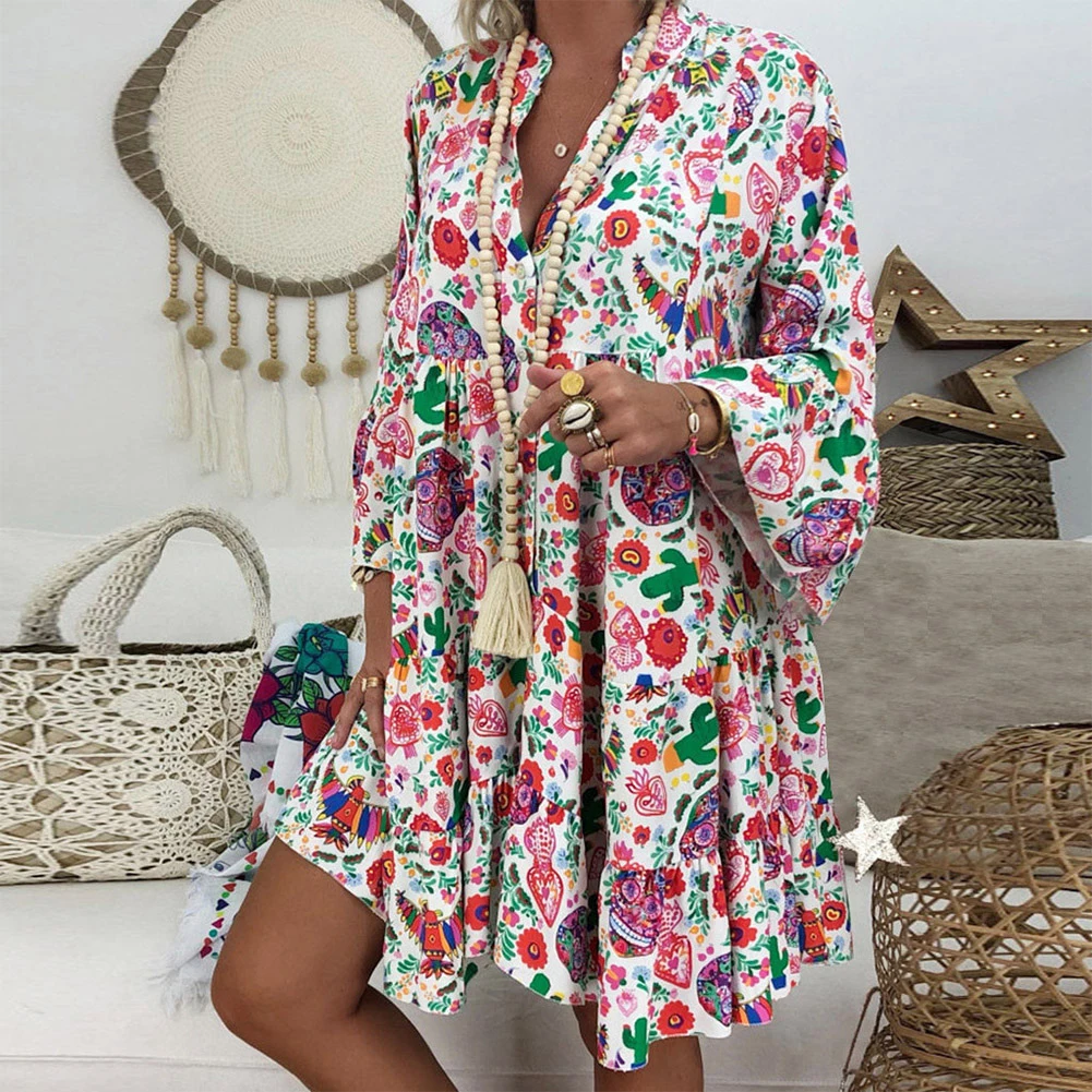 

V Neck Long Sleeve Floral Print Dress Short Dress Ladies' Summer Swing Sundress with Beautiful Floral Ruffle Design