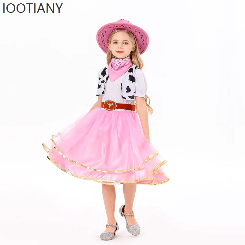 

IOOTIANY Denim Cosplay Costume Pink Ballet Skirt Hat Children Girl Skirt Suit Halloween Carnival Party Stage Performance Costume