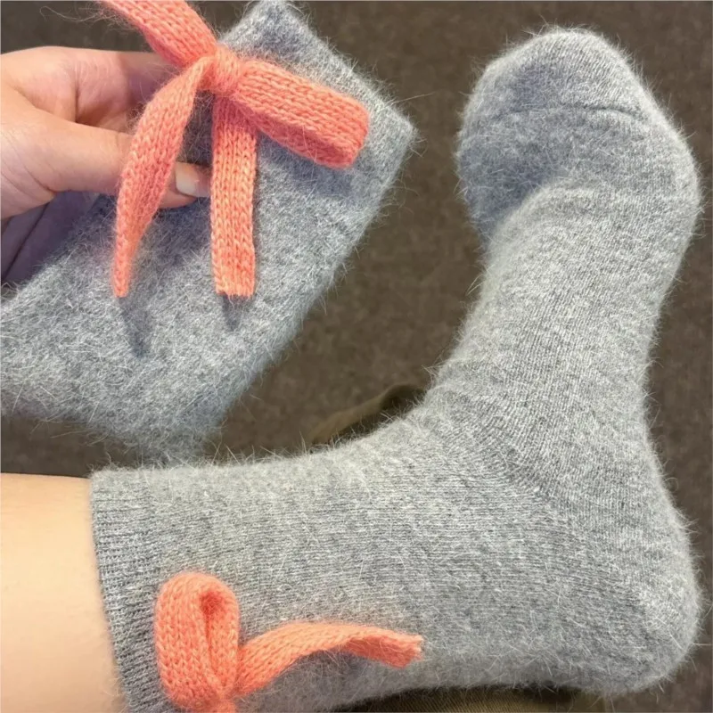 Autumn Winter Rabbit Wool Socks Kawai Bow Women Fleece Thickened Cotton Mid-tube Sock Korean Three-dimensional Jewelry Stockings