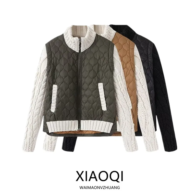 Jaqueta de Nylon Fena da Moda Inverno 2024, Casaco de Suéter, Aodão Matelassado, Patchwork Versátil