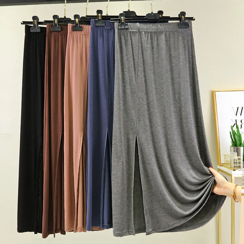 Casual High Waist A-Line Midi Skirt Modal Fiber plus Size Bla Versatile Long Split Skirt Women's Summer Faion Trend
