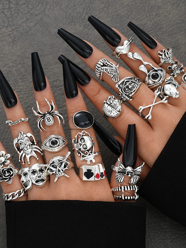 24 pçs/set conjunto de anel gótico para mulheres moda palhaço rosto diabo sorriso rosto padrão anéis