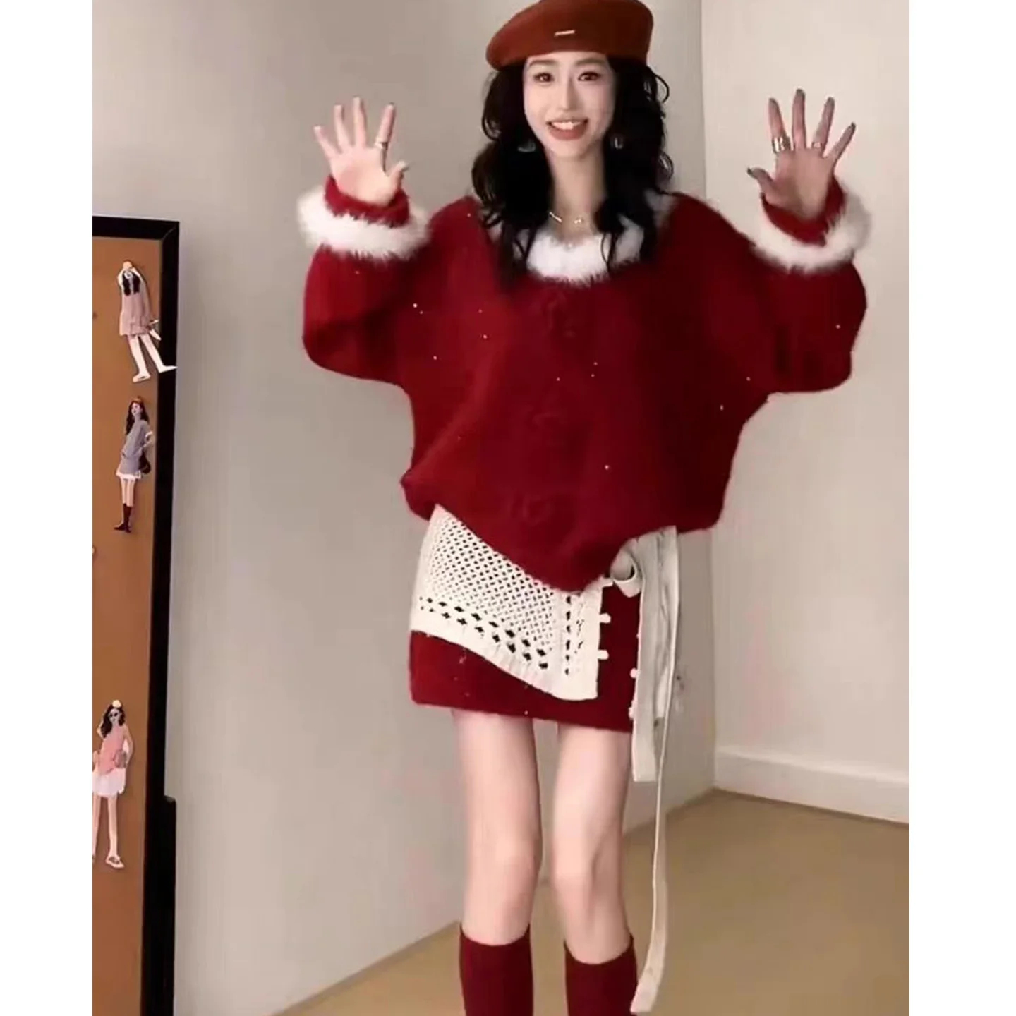 Original High Quality Women's Autumn Set with Faux Fur Collar Long Sleeve Knitted Top High Waist  Skirt And Pants