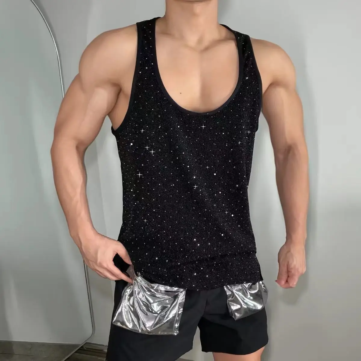 Men's American style Rhinestone Stretch Tank Top-Casual Athletic fitness leeveless Vest Gym Sports  tops