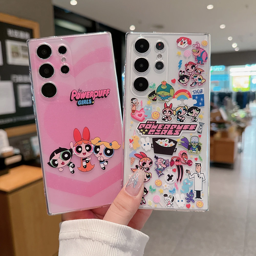Fashion Cute Cartoon The Powerpuff Girls Transparent Phone Case For Samsung Galaxy S26 25 24 23 Ultra Puls Cases Soft TPU Cover