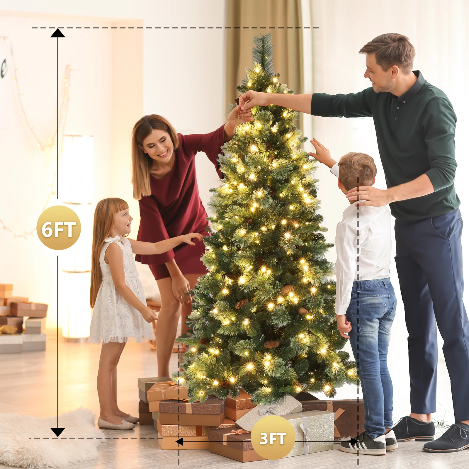 6ft Pencil Shape Automatic Tree Structure PE PVC Material 300 Lights Warm Color 9 Modes With Remote Control 600 Branches