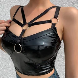 Pierścionki Regulowane Paski Krzyżowe Zamek Bez Pleców Czarny Y2K PU Faux Leather Crop Top Sexy Cami Tunk Street Party Club Kobiety Lato