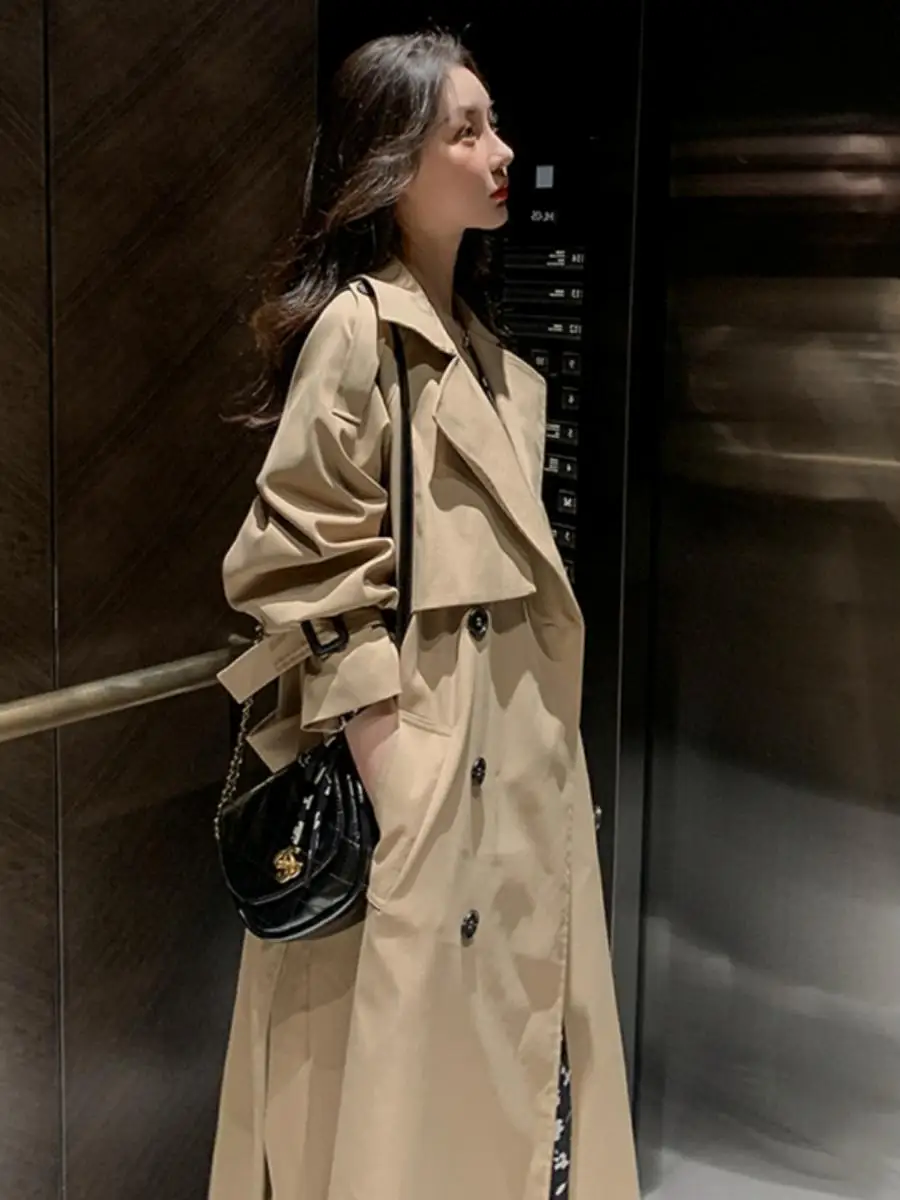 

Women's Mid-Length Versatile Coat Brand Button Autumn Season Outerwear Windbreaker Commute Sle Color Fiber Material