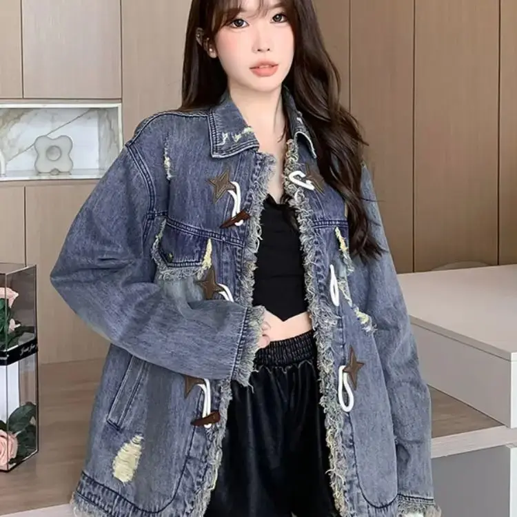 Retro Raw Edge Loose Denim Jacket Women 2024 Autumn New Design Lazy Style Slimming Design Long-Sleeved Jacket Top