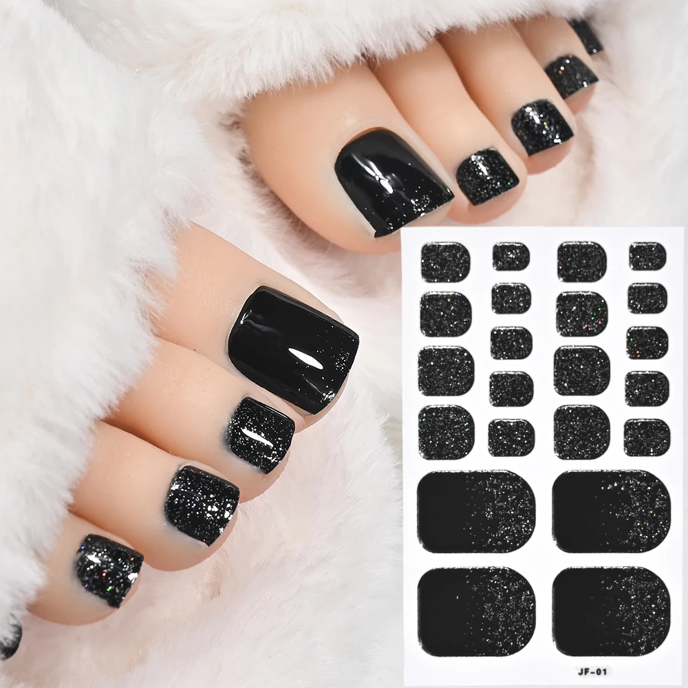 1 Sheet Solid Colour Glitter Black Toenail Stickers Full Wraps Self-Adhesive Toes Polish Strips 22 Tips Shiny Toe Nail Decals