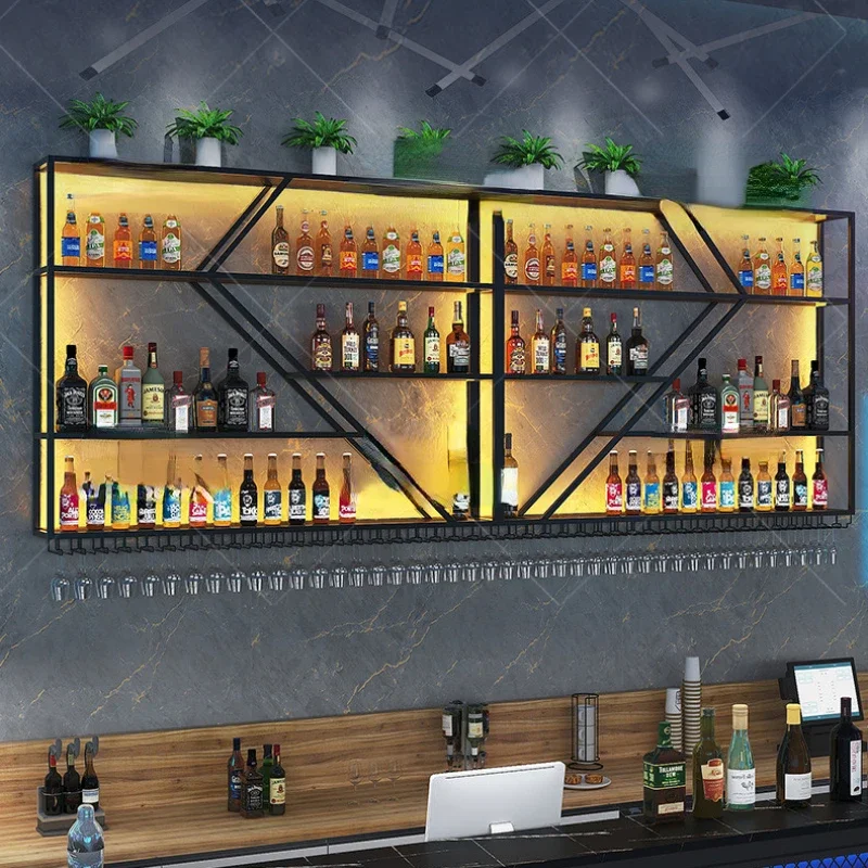 Industrial Style Ironwork Bar Cabinet Customized Landing Wall Mounted Wine Rack Shelve Illuminated Gabinete Display Furniture