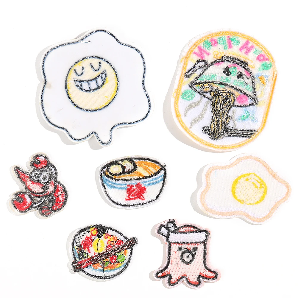 Cartoon Food Embroidery Fried Egg Smiley Face Longevity Noodles Lobster Pattern Iron on Patch Mini Small Octopus Cute Applique