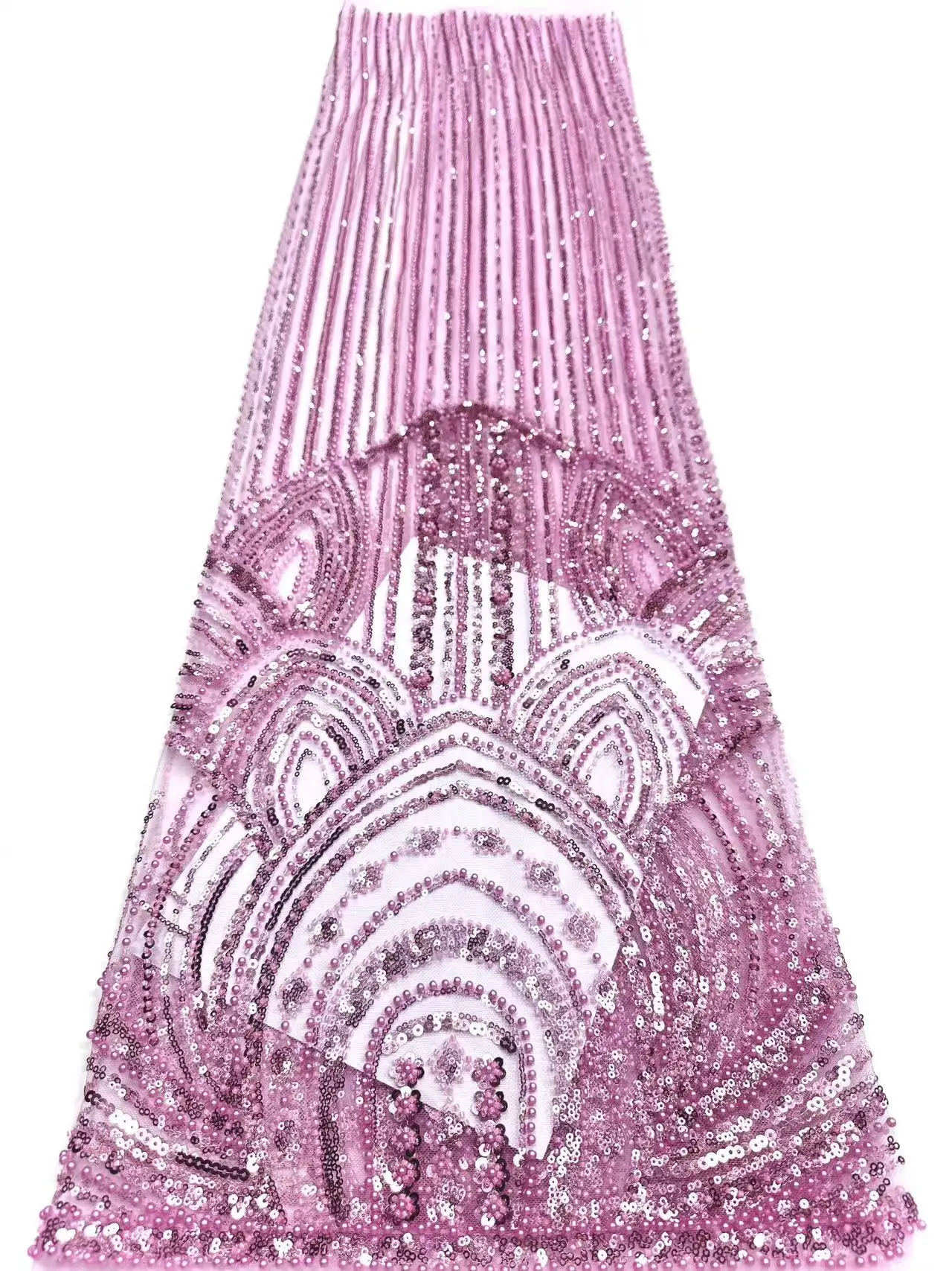 

Luxury Beads Lace African 2025 High Quality 5 Yards Handmade Beads Sequins Fabric Nigerian Pink For Evening Party Dresses H103-1